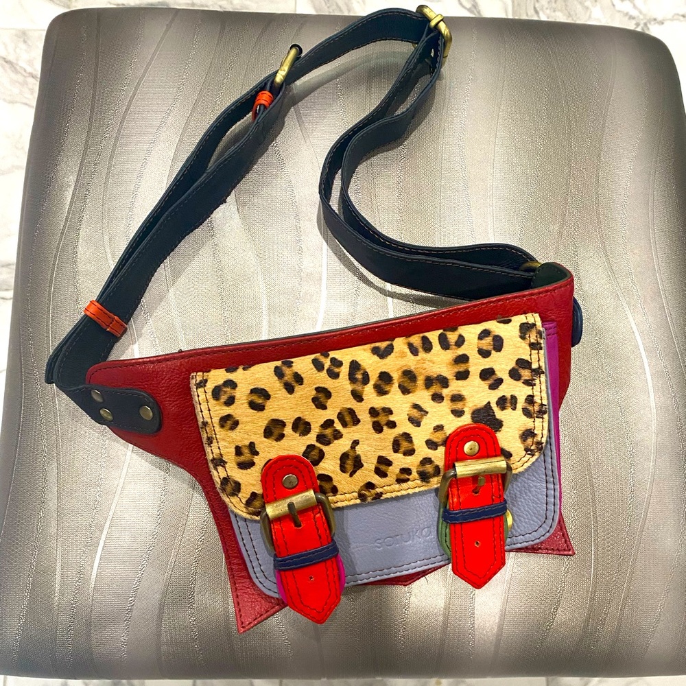 Multicolored SORUKA genuine leather cross body bag with leopard accents 🐆